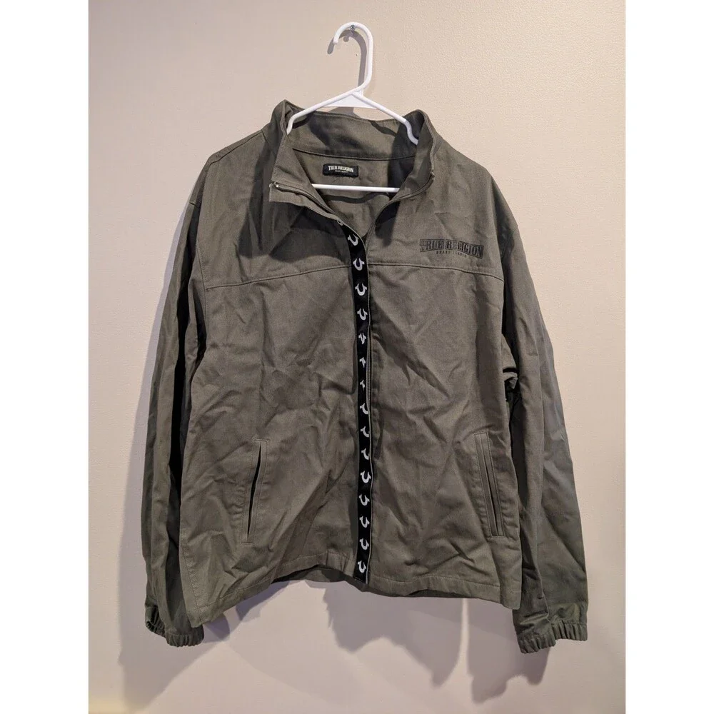 True Religion HS Twill Jacket Mens XL Kalamata Green Full Zip Logo Chore Buddha